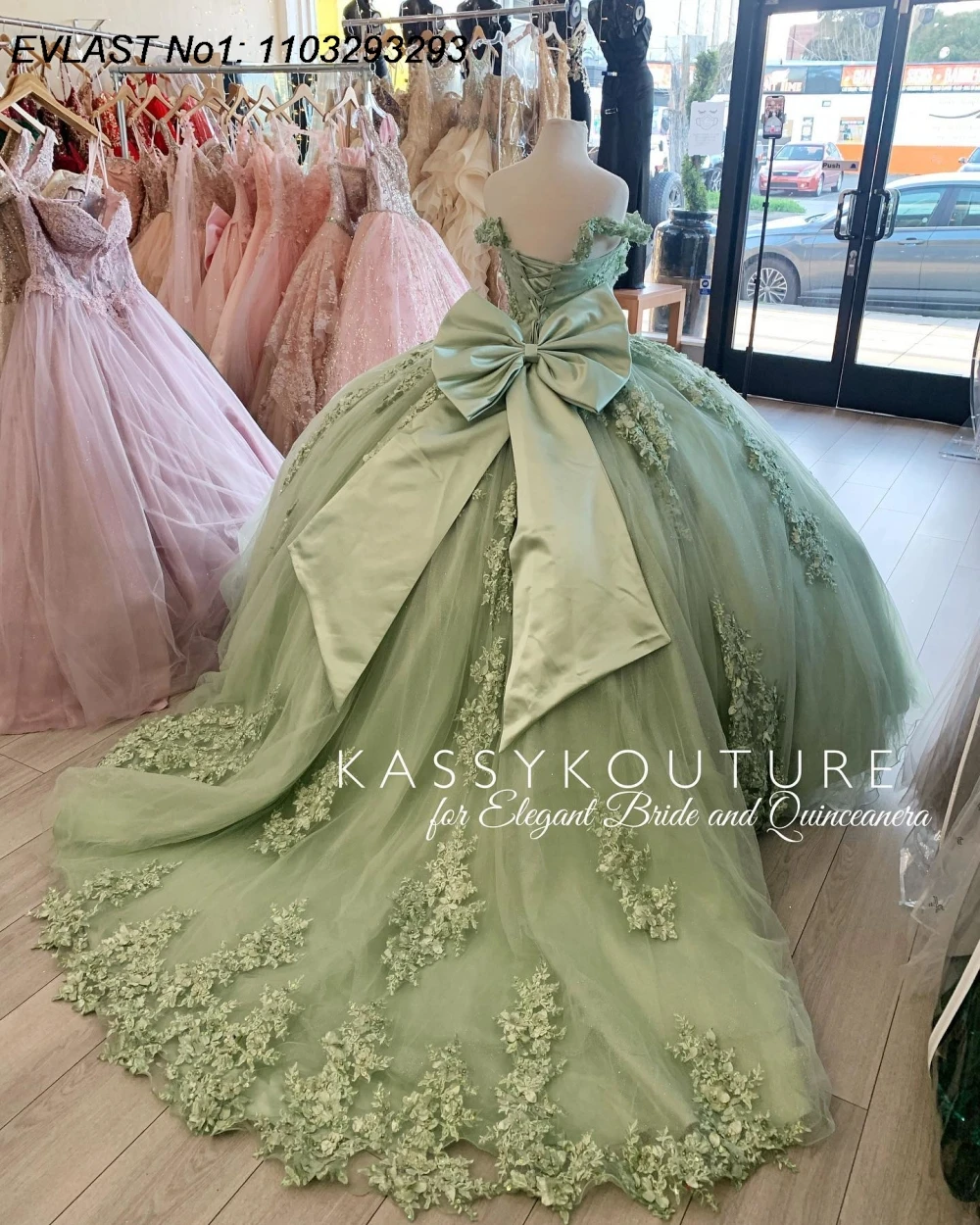 Evlast-緑のQuinceaneraボールガウン,カスタムサイズ,レースのアップリケ,ビーズの弓のコルセット,16〜15歳,e1q285