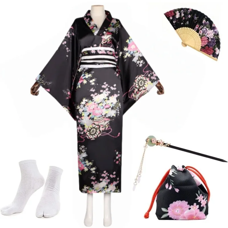 5 uds Kimono Cosplay vestido tradicional japonés vestido largo Sakura Yukata bolsa con cordón abanico plegable conjunto de calcetines para trajes de mujer