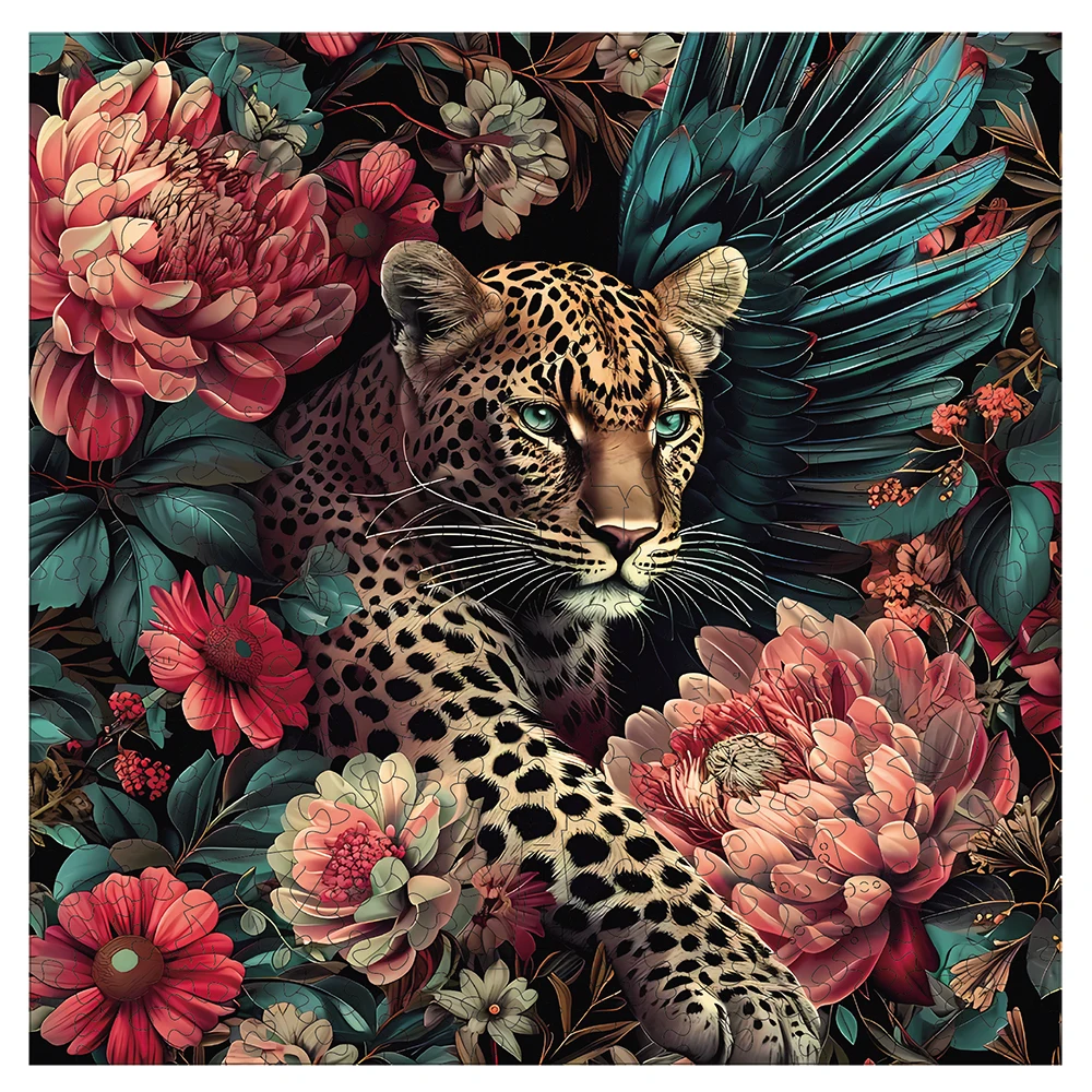 Flowers and leopards Wooden Puzzle, Irregular Animal shaped Pieces, High-difficulty Magic Puzzle Intellectual Toy