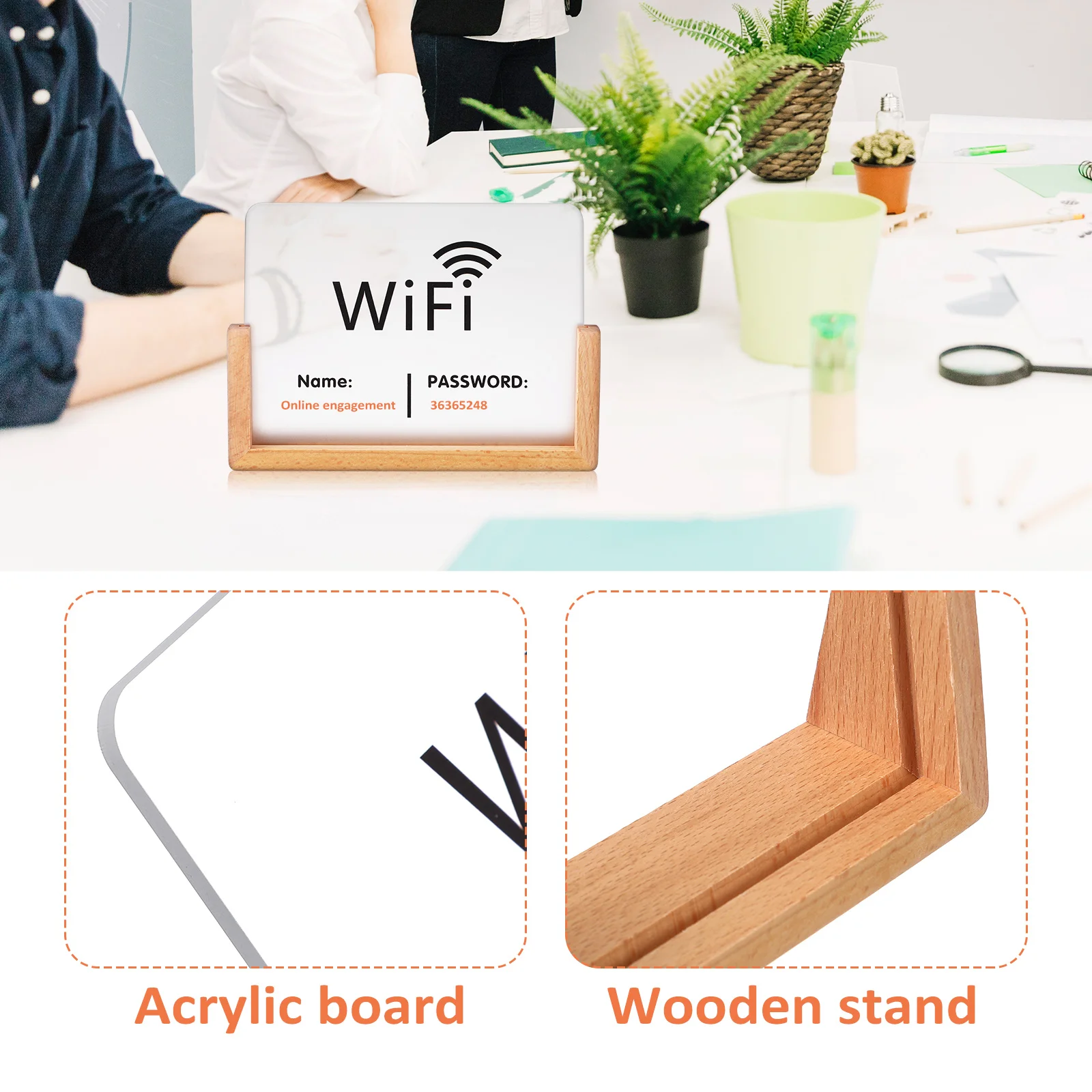 

Stable Attractive 12X16Cm Acrylic Wifi Sign For Business Clear Display Elegant Wooden Tabletop Network Password Sign