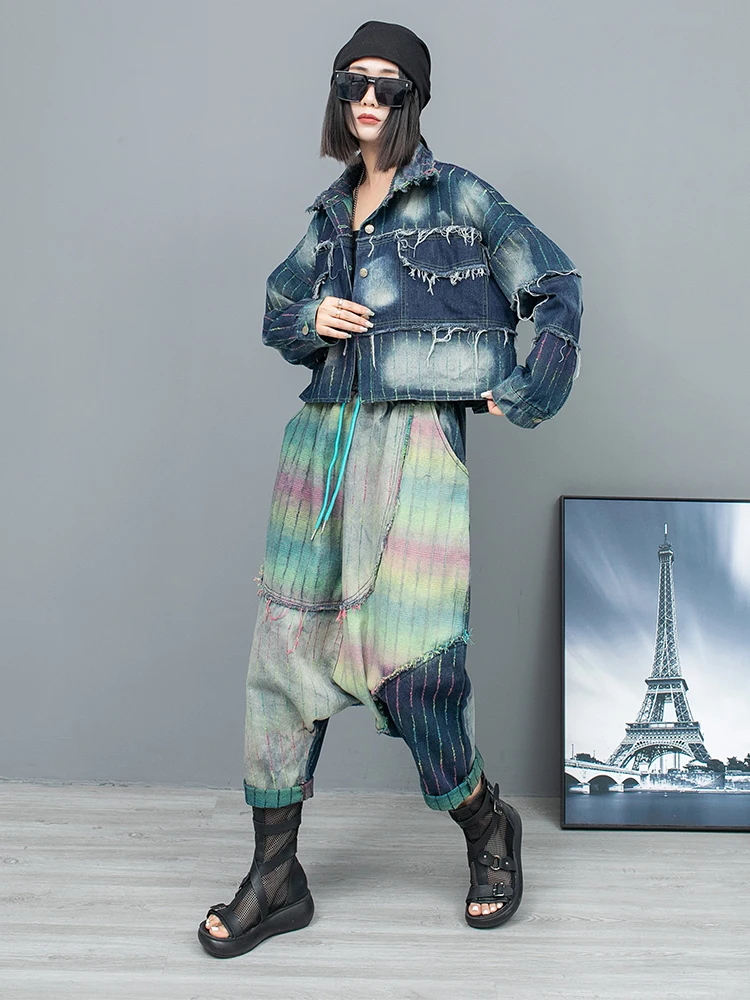 Spring Autumn Distressed Striped Denim Collar Long Sleeved Short Jacket + Large Crotch Pants Two-piece Set Women LX709