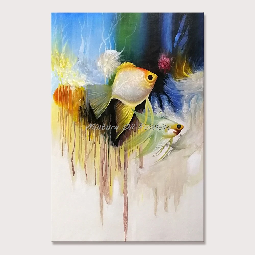 Mintura handgeschilderd abstract aquarel goudvis olieverfschilderij op canvas, moderne kunst aan de muur, foto voor woonkamer, woondecoratie