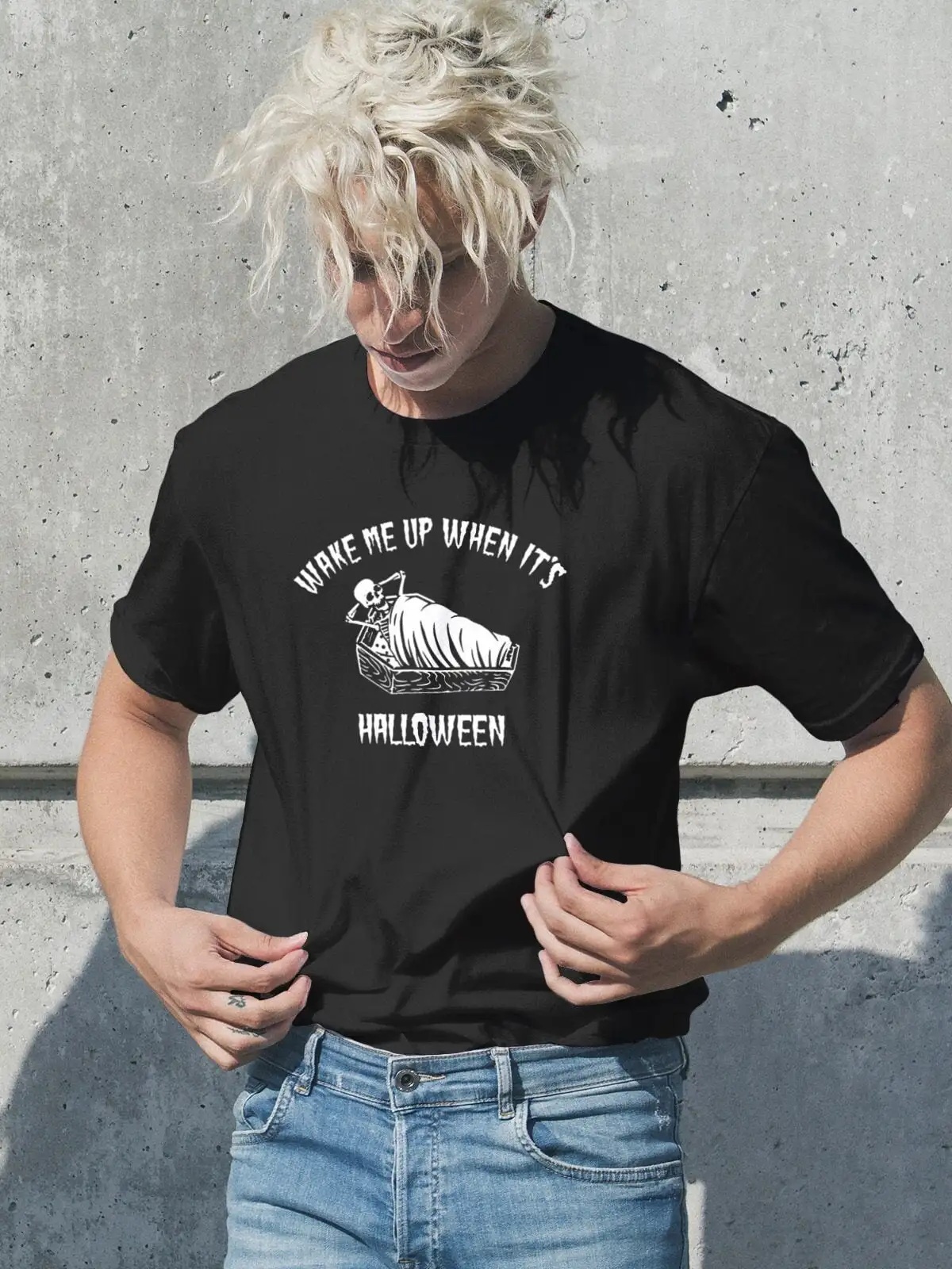 Wake Me Up When It s Halloween T Shirt Funny Gothic Spooky Skeleton Top Horror Emo Goth Heavyweight Crewneck