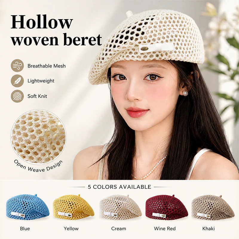 

Straw Beret Women French Vintage Woven Hollow Out Breathable Sun Protection Painter Hat Boho Beach Baker Boy Caps