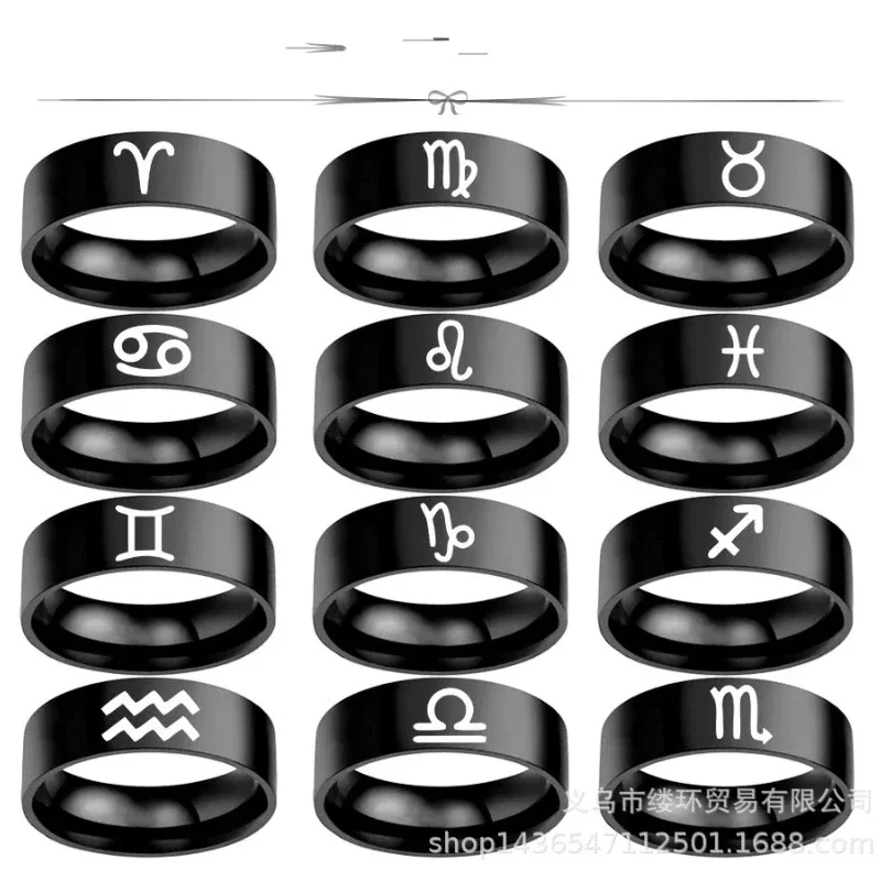 12 Constellations Zodiac Sign Finger Rings Women Girls Black Sliver Color Stainless Steel Ring Anel Anillos Jewelry Size 6-13