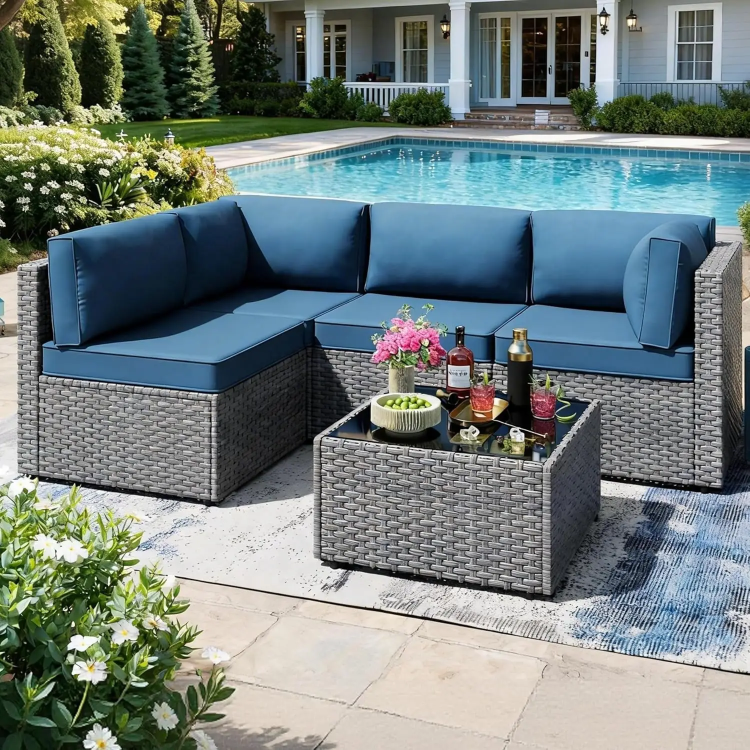 

5 Piece Patio Set Low Back All-Weather Rattan Sectional Sofa with Tea Table & Washable Cushions Outdoor Silver, Customized