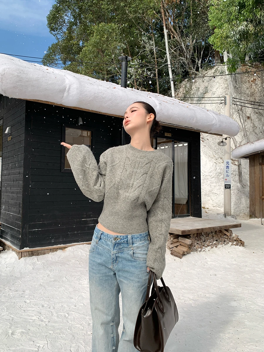 

Loose Fit ey Twisted Knit Sweater Women's round Ne Pullover Waist Cinched Lazy Sle ort Length Knitted irt Autumn Wi...