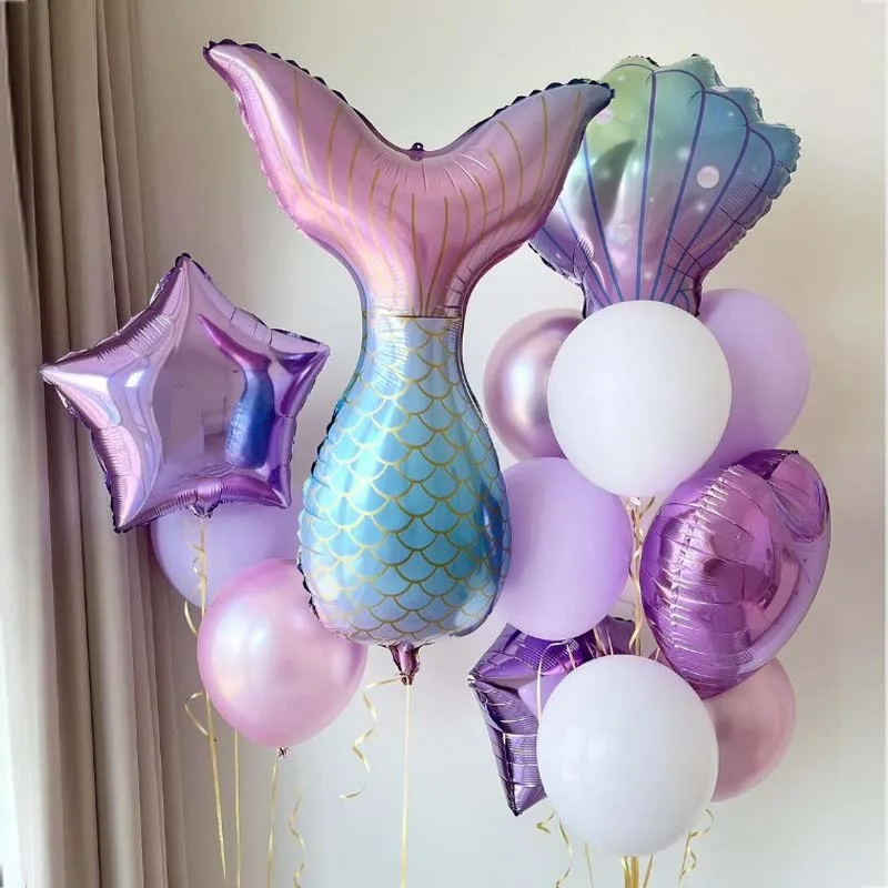 1 Set Mermaid Birthday Balloons Sea Shell Mermaid Tail Foil Helium Balloons for Baby Shower Mermaid Birthday Party Backdrop Dec