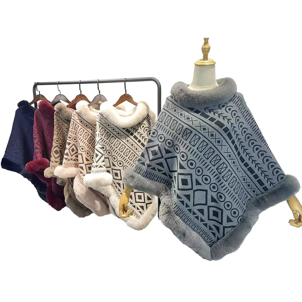 

Fashion Vintage Knit Jacquard Faux Fur Pullover Cape Coat Autumn Winter Women Loose Poncho Cloak Travel Wraps Shawl