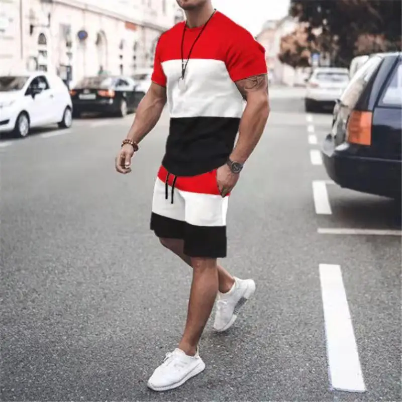 

Summer Casual Loose Men's Short Sleeve T-Shirt And Shorts Set Color Block Customizable Print Comfortable Sportswear Ensemble