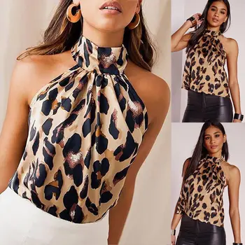 Sexy schulterfreie Leopardenbluse aus Chiffon für Damen, Neckholder-Tops, Sommer 2012, Tierdruck, lässig, rückenfrei, ärmellose Hemden für den Sommer