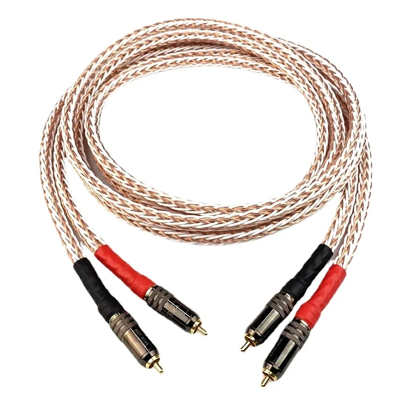 Pair HiFi Audio RCA Signal Line 8TC OCC Copper 2RCA to 2RCA Cable 24K Gold Plated Plug