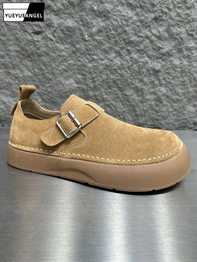 

Men Spring Autumn New Low Cut Shoes Split Leather Round-toe Slip-On Buckle Sneakers Thick Soled Footwear Business Casual Shoes
