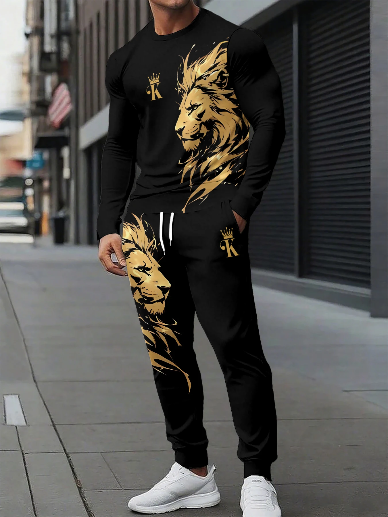 

Spring And Autumn 2-piece Lion Printing Men's Sets Men's Everyday Casual Long Sleeve T-shirt And Street Fashion Long Pants﻿﻿