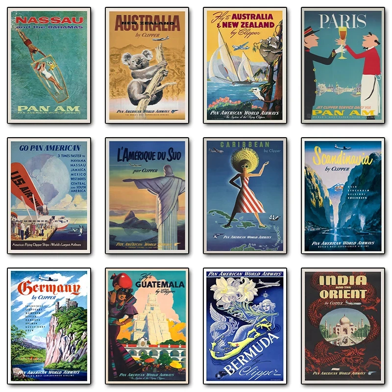 Vintage Airline Trip Travel Posters Pan Am Scandinavia Prints Canvas Printing Wall Art Picture for Living Room Home Decor Gifts