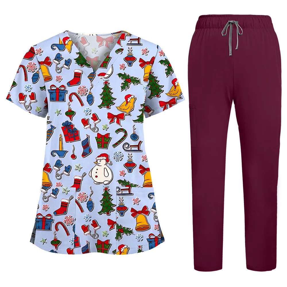 Set per il lavaggio delle mani stampato Pantaloni dritti elastici sottili in tinta unita Abiti da infermiera per spa ospedaliero Temu