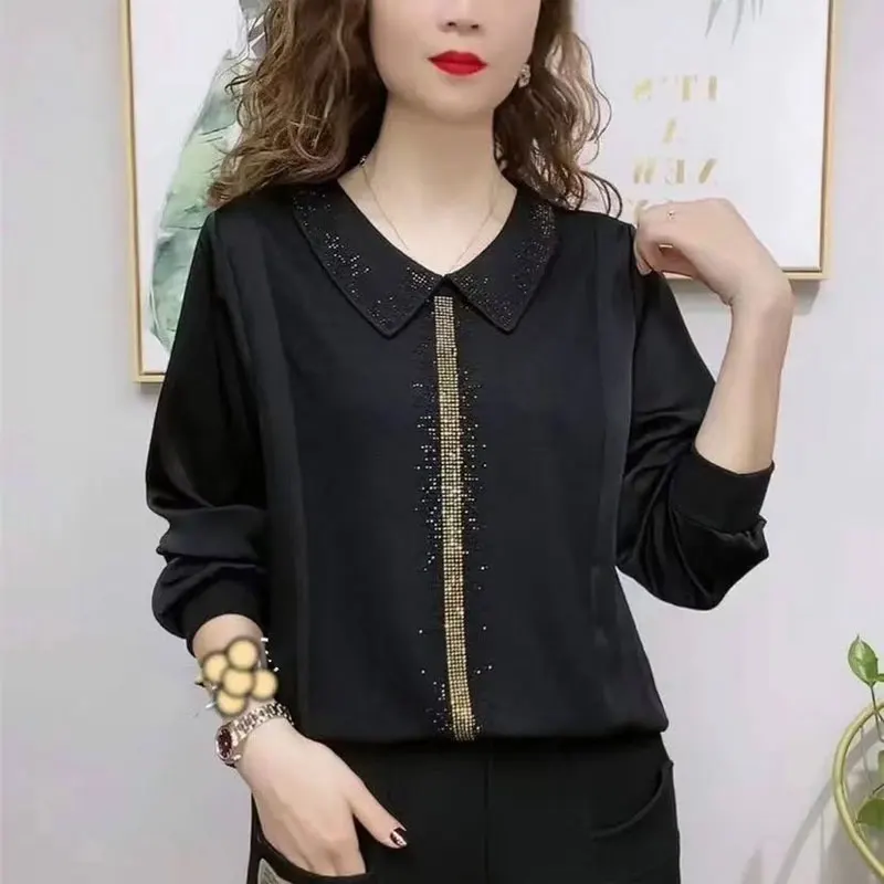 Female Clothing Vintage Casual Spliced Blouse Solid Color Fashion Diamonds Long Sleeve Spring Autumn Peter Pan Collar Shirt New