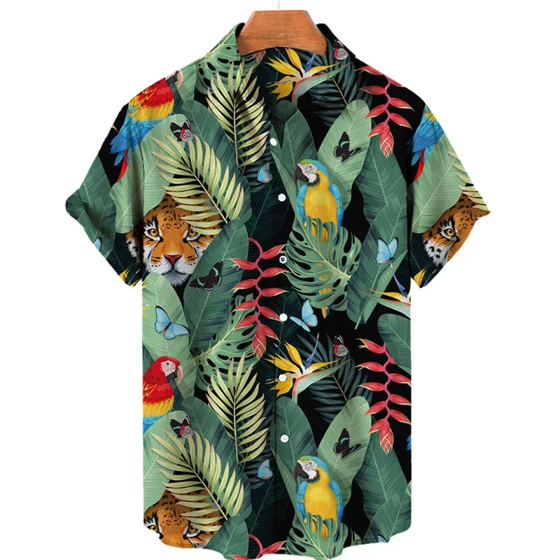 Tropical Jungle Flamingo 3d Print Hawaiian Shirt For Men Summer Street Short Sleeves Tops Harajuku Lapel Button Loose Blouse