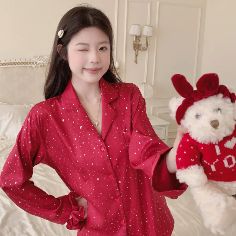 

2026 Spring Summer Fashion Ice Silk Pajamas Women 2piece Set High End Cardigan Long Sleeve Pants Homewear Nightgown Sleepwear