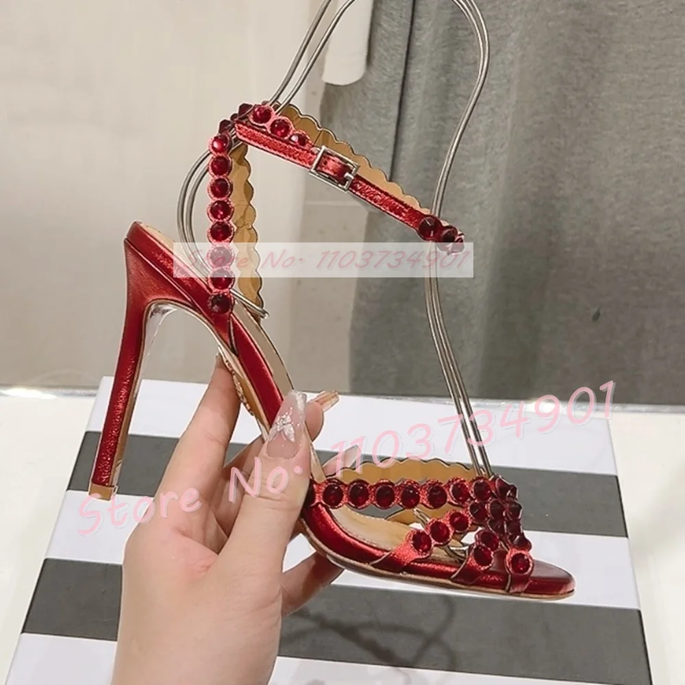 Rhinestones Pvc Cage Chic Sandals Female Elegant Peep Toe Thin High Heels Shoes Women Sexy Party Ankle Strap Big Size Sandals