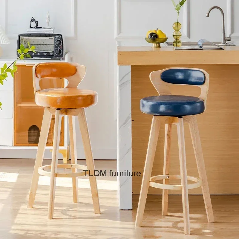 

European Solid Wood Bar Chairs Rotating Back High Bar Chair Retro Kitchen Furniture Creative Luxury Home Cafe Front Desk stool L