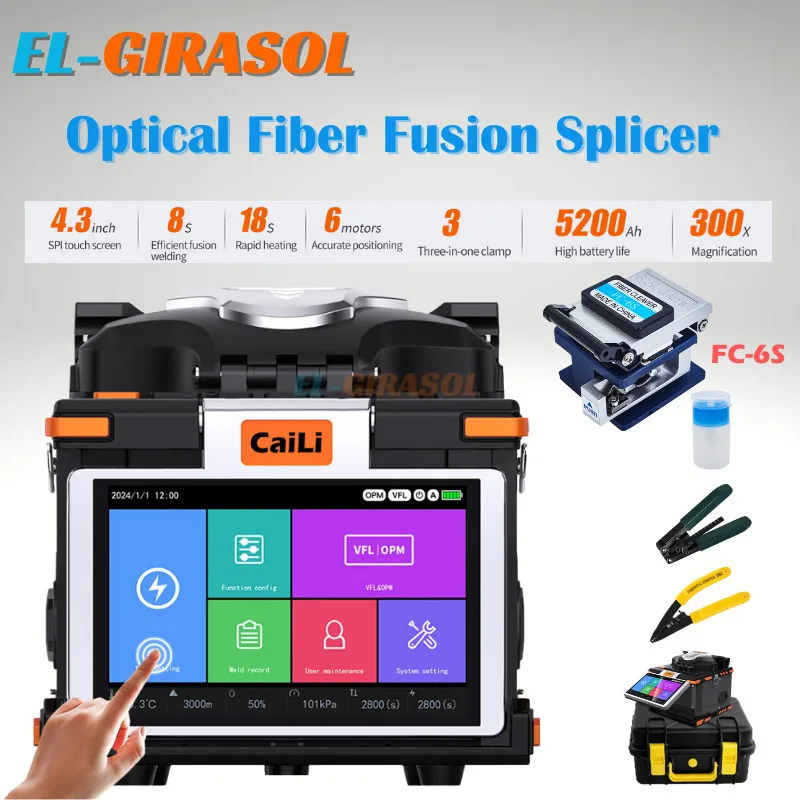 2024 New Optical Fiber Fusion Splicer S5 6 Motors Welding Hine With High Precision Cleaver Touch Screen VFL OPM FC-6S/Q1S FTTH