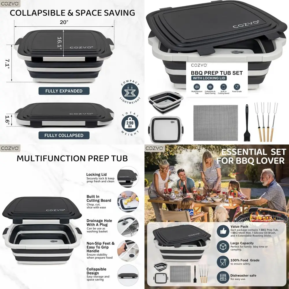 

All-in-One Collapsible BBQ Prep Tub with Marinade Lid, 20 Camping Sink, Cutting Board, and Storage for Outdoor Cooking and Picni