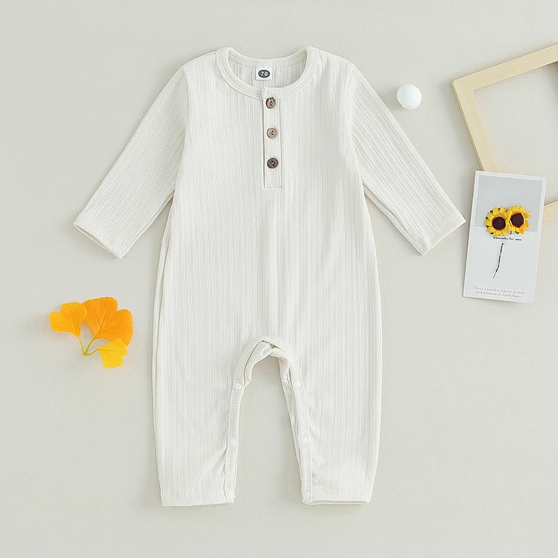 

Infant Baby Spring Jumpsuit Solid Color Ribbed Round Neck Long Sleeve Romper Outifit