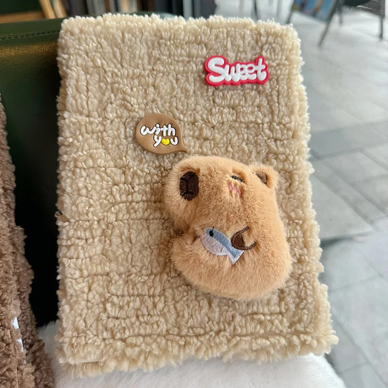 Capybara Plush Refillable Notebook - Fluffy Ring Binder Journal with Stickers, Kawaii Animal Diary for School Office Gift