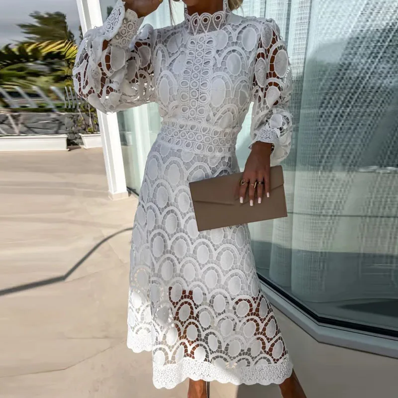 Fashion Lace Embroidery Long Dress Elegant Half Turtleneck Hollow Out Women Dress New Spring Ladies Lantern Sleeve Party Dresses