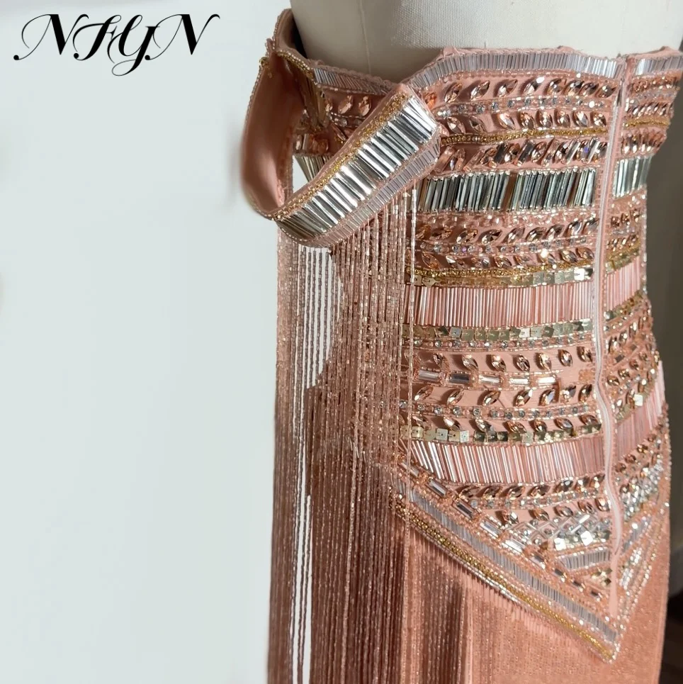 NFYN Rose Gold Off Shoulder Prom Gown Heavy Crystal Beaded Long Fringe Sleeve Shiny Mesh Evening Dress فساتين الحفلات Customized image 2
