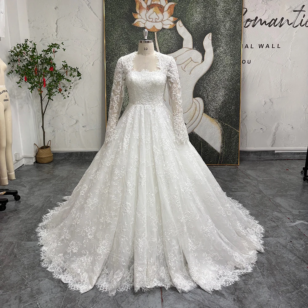 

Elegant Lace Applique Boho Beach Lace A Line Wedding Dresses Long Sleeves Sweep Train Custom Made vestidos de novia boda