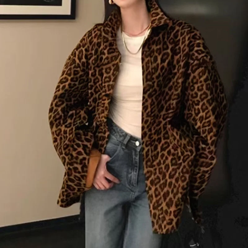 Autumn Winter Women\'s Chic Leopard Shirt Jacket Sexy Elegant Loose Blouses Retro Top Streetwear Jacket Vintage Lady Casual Coat