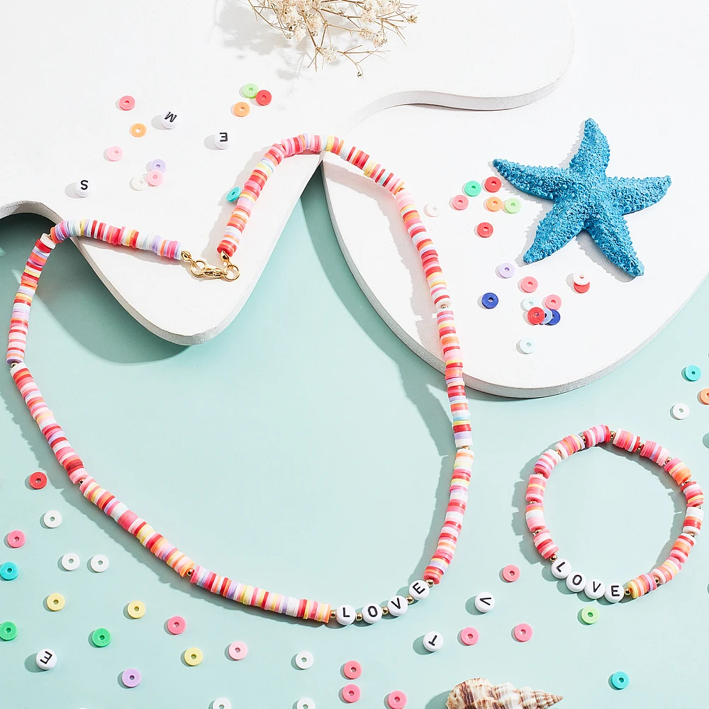 2280pcs Polymer Clay Beads 6mm Heishi Rainbow Color Vinyl Disc with 320pcs White Letter Beads 40pcs Rondelle Beads