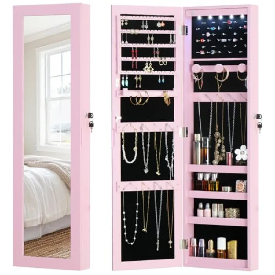 

Full Length Mirror Jewelry Cabinet Organizer Lockable Door Wall-Mounted Jewelry Armoire with Shelves and Behind the Door Storag