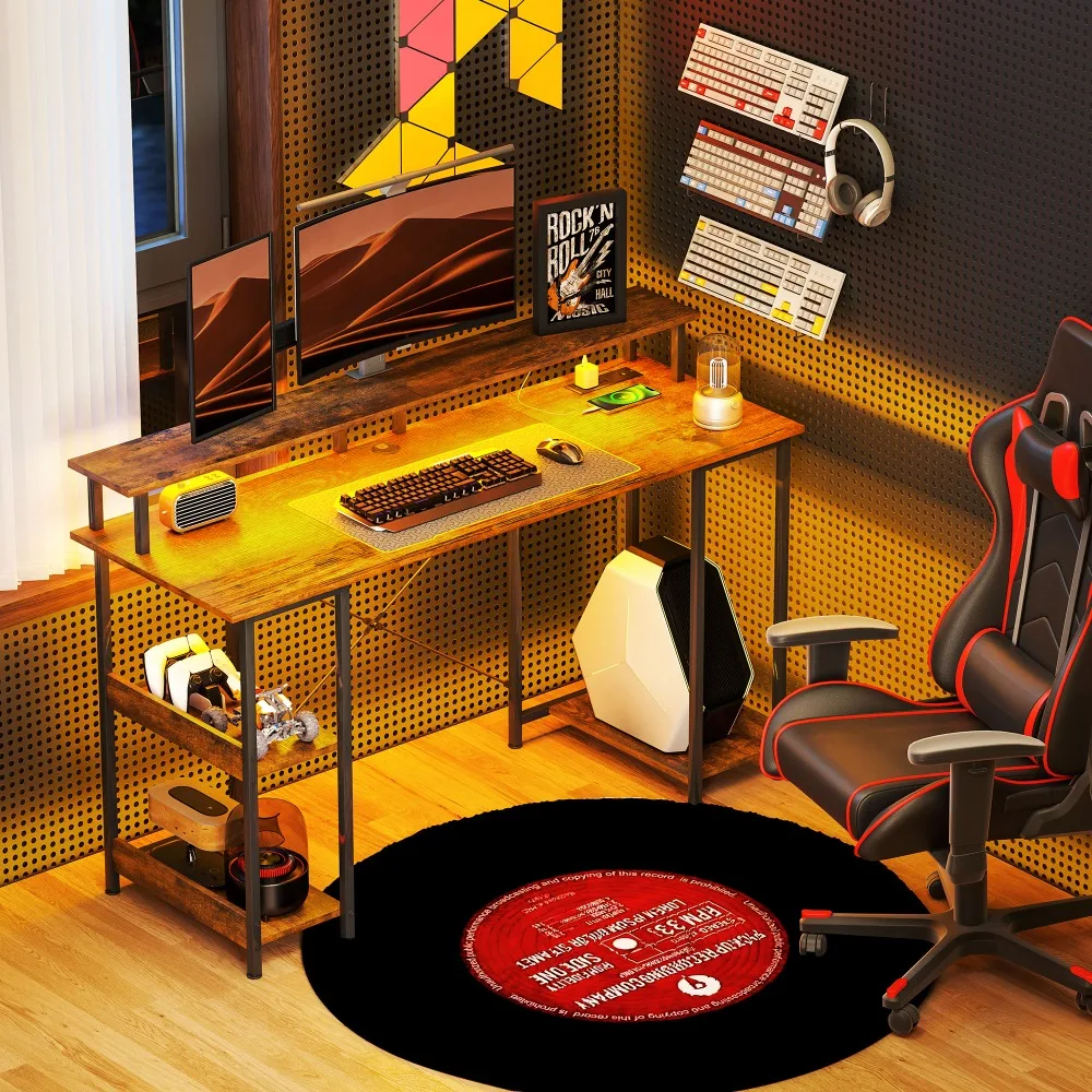 

Modern Ergonomic Computer Desk with RGB Lighting & Dual-Tier Reversible Storage – Rustic Brown/Black Finish