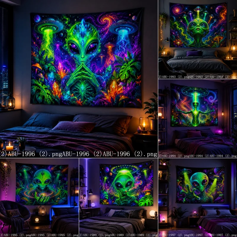 VIKAMA UV Blacklight Alien Tapestry Psychedelic Crystal UFO Glow Wall Hanging For Gaming Bedroom Decor Banner