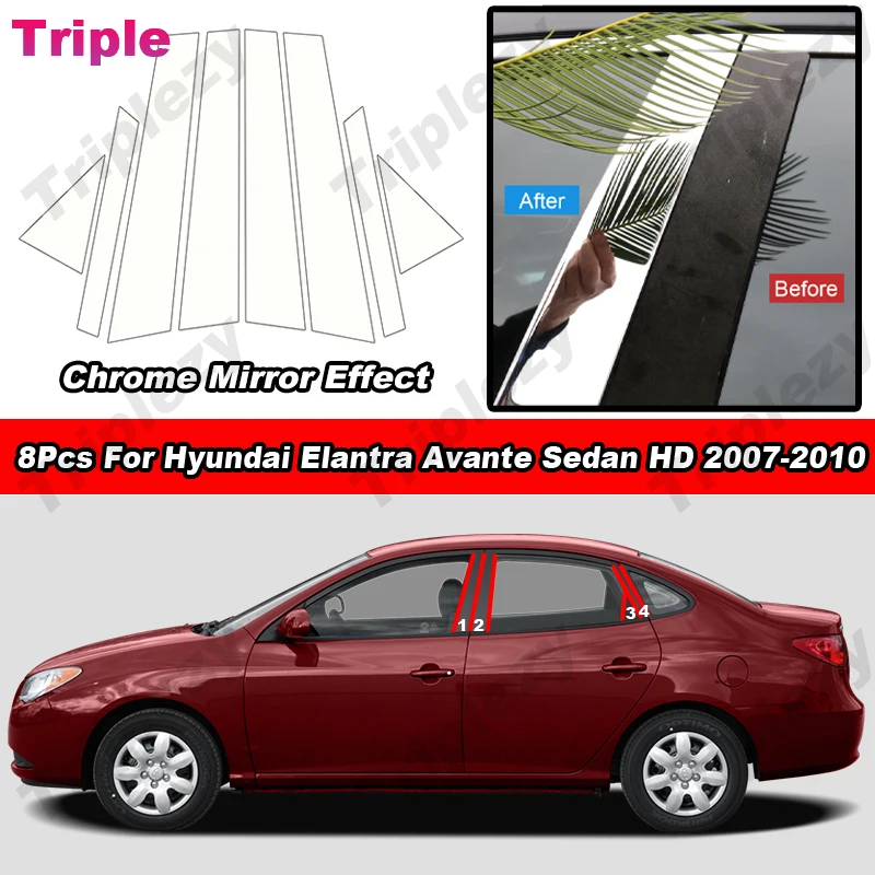 

8Pcs Glossy Chrome PC Material Pillar Posts Door Side Trim Sticker For Hyundai Elantra Avante Sedan HD 2007-2010 Window Cover