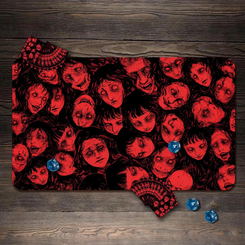 TCG Playmat Red Black Horror Faces Creepy Dark Gothic Terror Art Spooky Pattern Premium Rubber Large Desk Mat Horror Aesthetic