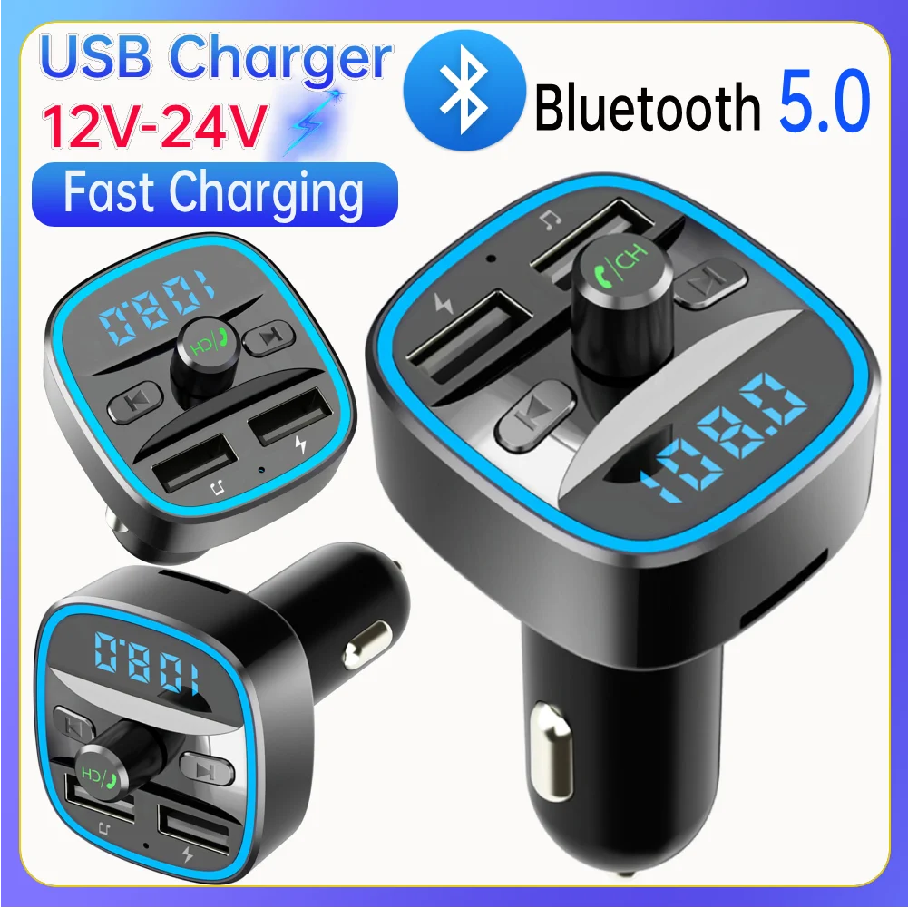 Bluetooth 5.0 FM-Transmitter Freisprecheinrichtung Autoradio Modulator MP3-Player mit DC5V 2,4A MAX USB Schnellladeadapter für Auto