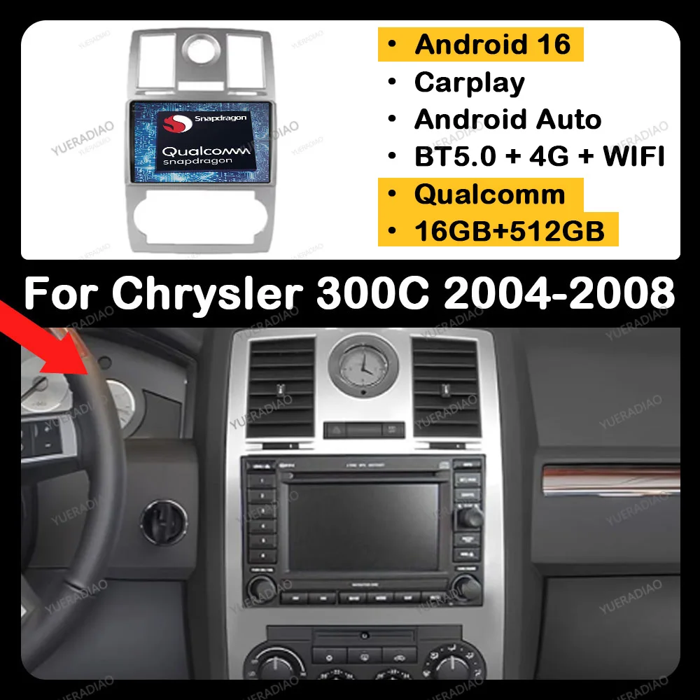 Radio para Auto con Android 16 para Chrysler 300C Aspen 2004 2005 2006 2007 2008, Reproductor Multimedia Estéreo, GPS NAVI 2DIN, Qualcomm BT