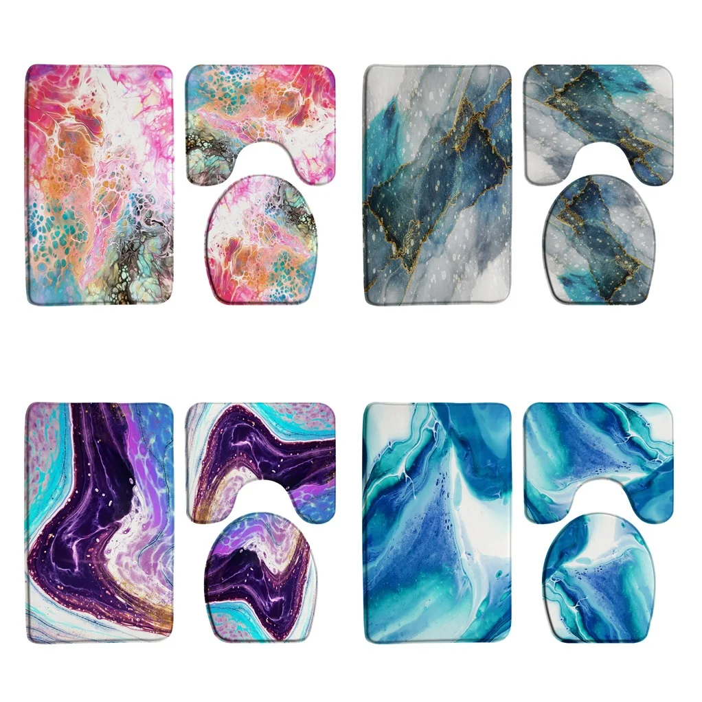 Abstract Marble Bath Mat Set Blue Green Purple Print Geometric Pattern Modern Home Bathroom Decor Non Slip Rug Toilet Lid Cover