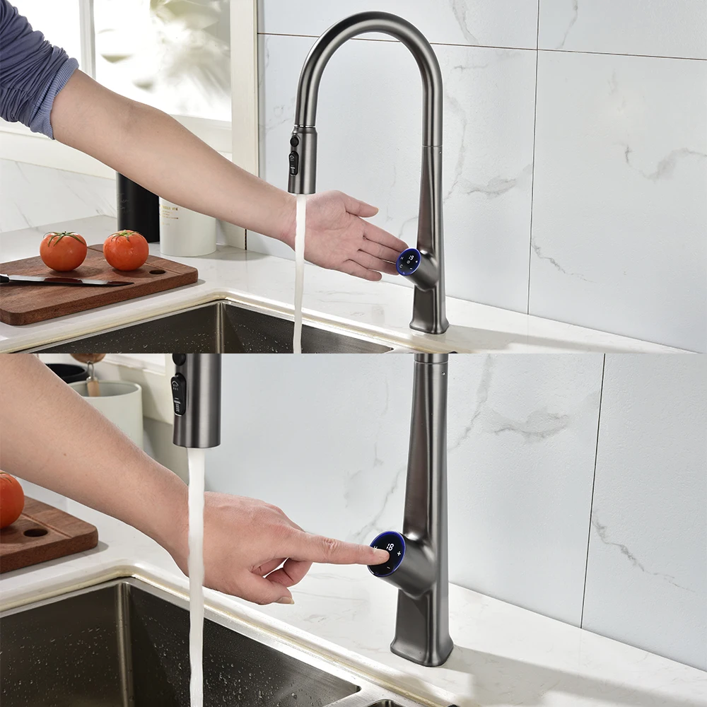 الذكية التلقائي الاستشعار صنابير المطبخ Touchless بالوعة المطبخ صنبور سحب أسفل رذاذ LED شاشة ديجيتال اللمس صنبور حوض خلاط المطبخ حنفية حثية فاخرة حديثة لمطبخ صنابير مياه خلاطات مطبخ ذهبية مصقولة لفيلا منزل فندق تجديد #3