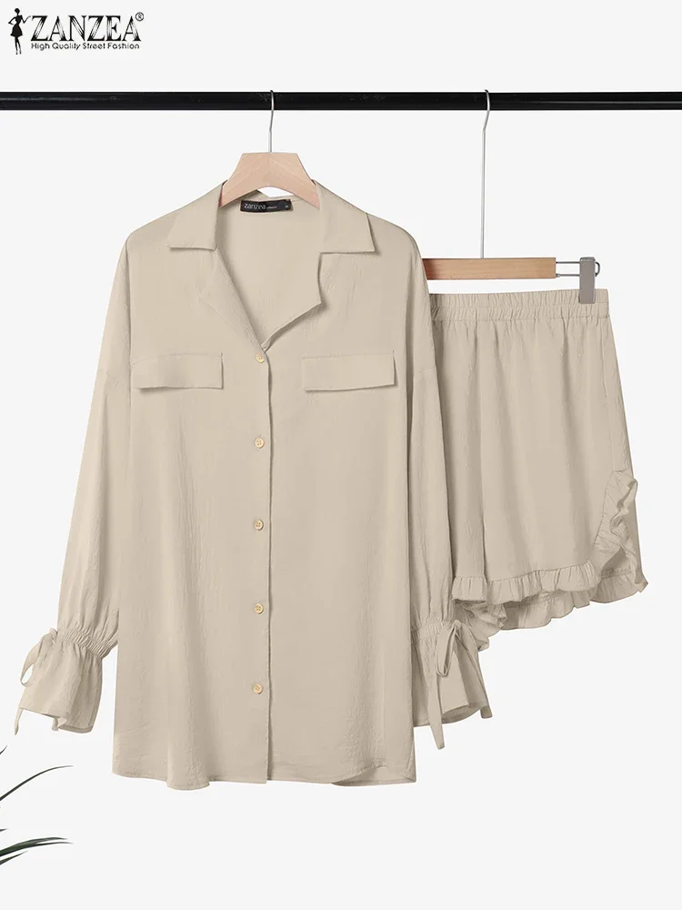 ZANZEA 2025 Fashion Autumn Women Suits Short Sets Casual Ruffled Long Sleeve Shirts Loose Shorts Outfits Elegant Work Sets 2PCS