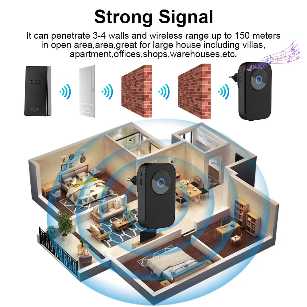 Waterproof Wireless Doorbell Home Welcome Smart Home Door bell 150m Remote Smart Bell Chime EU UK US Plug Optional