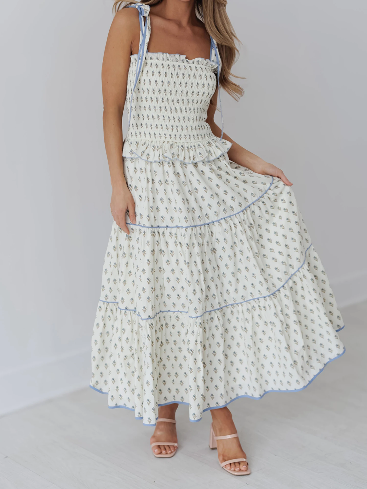 Abito lungo senza maniche con stampa floreale con spalline allacciate e scollo a V Abito casual da donna alla moda estiva