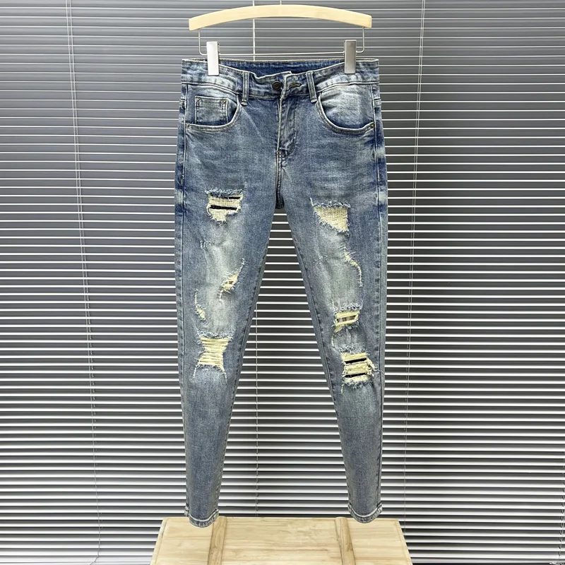 

Summer New Men's Nine-Piece Denim Jeans Tear Hole Trendy Brand Elastic Slim Fit Light Color Haome 9-Piece Small Foot Pants