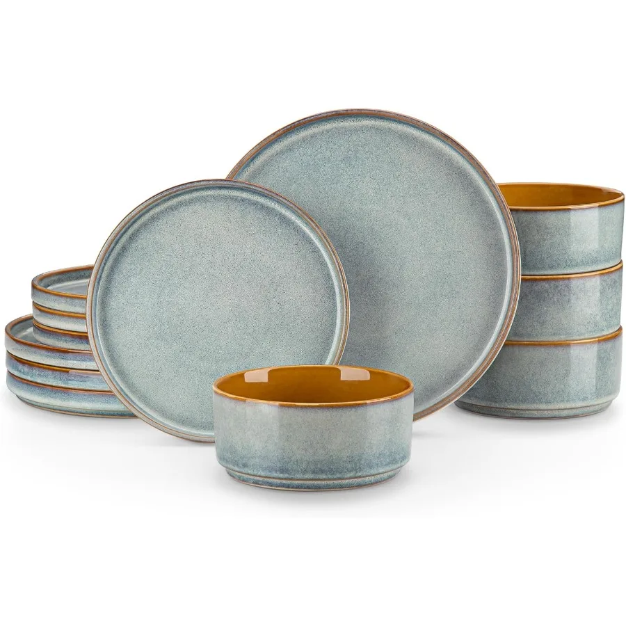 

Наборы керамических тарелок и мисок, 12-х голубые наборы посуды для кухни, набор посуды с реактивной глазурью на 4 человека, посудомоечная машина и