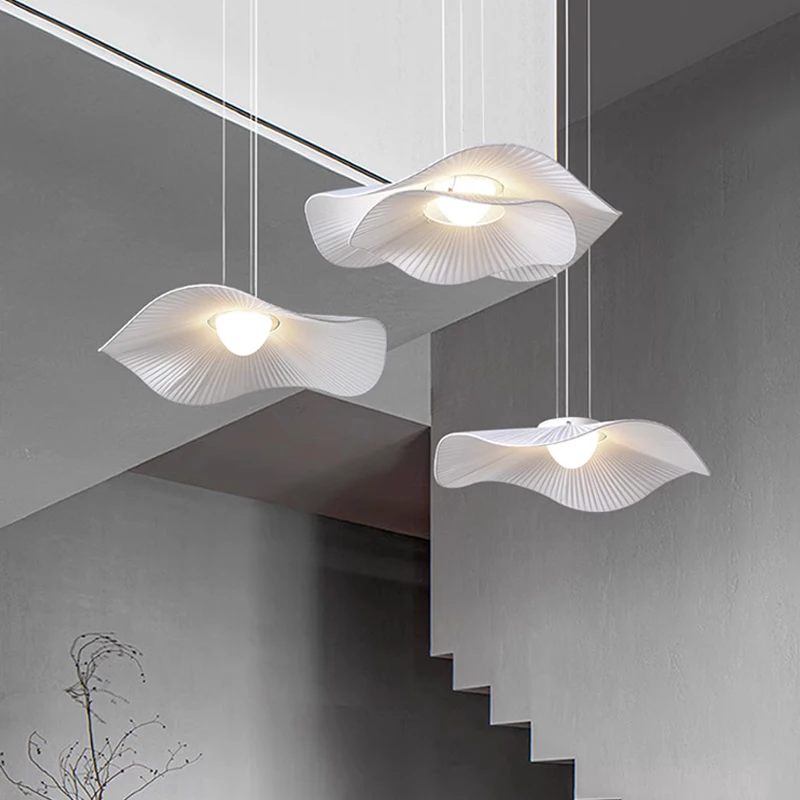 lustre de led com luzes pingente lampada pendurada tecido nordico minimalista creme wabi estilo sabi loft sala de estar quarto decoracao de casa 01