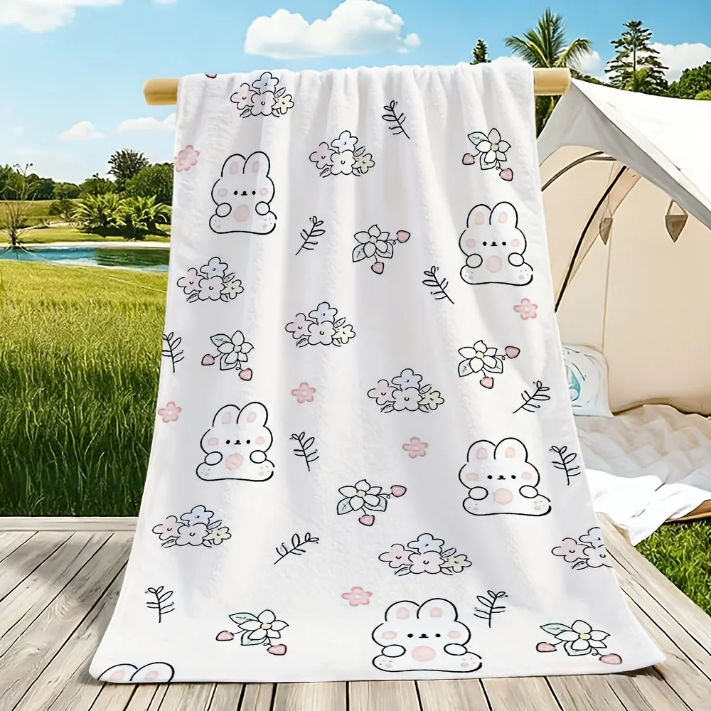 Toalla de Playa Plana 2D, 1 Pieza, con un Lindo Diseño de Conejo y Flores, Resistente a las Bolitas y al Desgaste. Adecuada para el Sudor del Ejercicio Físico